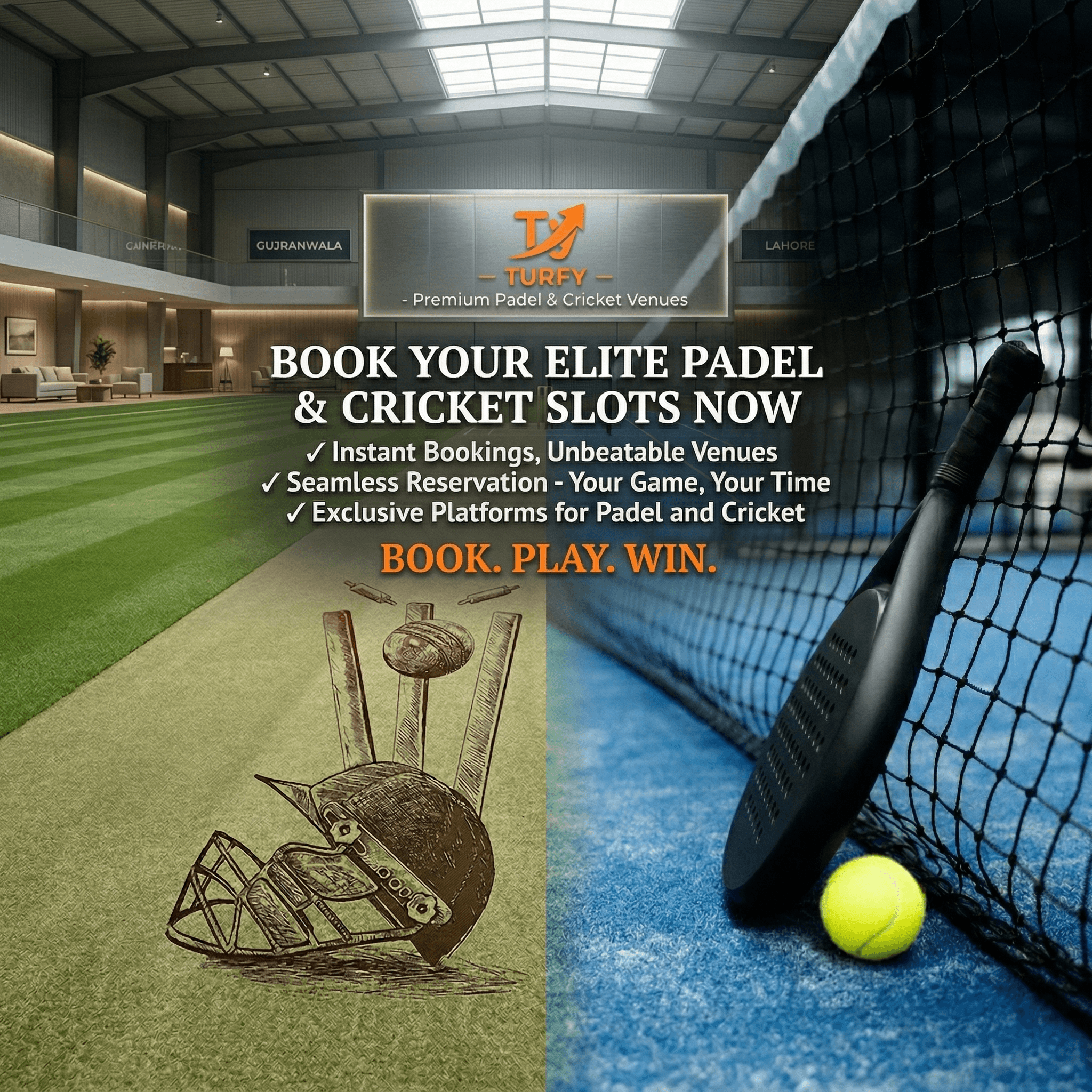 Turfy venue partner page: branded sports facility listing with photos and WhatsApp booking for players in Pakistan