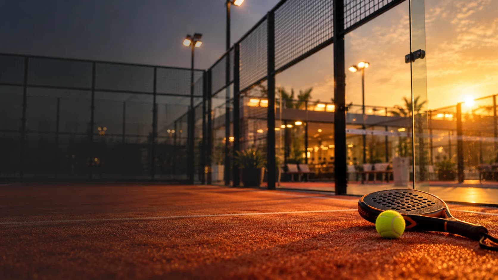 Athletes playing on a floodlit sports court at dusk