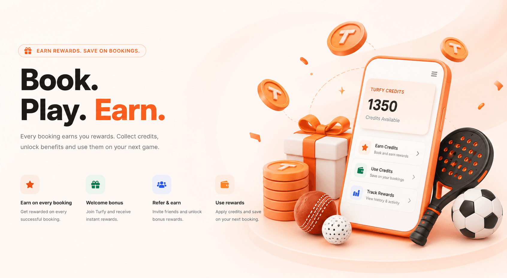Turfy Rewards — earn credits on bookings, welcome bonus, and redeem on your next game