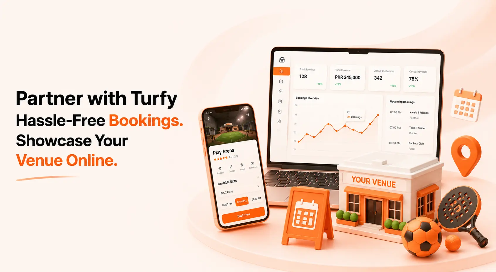 Turfy for venue owners: list your sports venue, take bookings, and run your calendar in one place